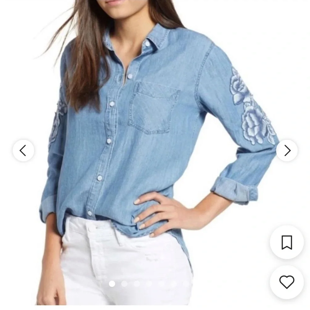 Rails Blue Denim‎ Shirt Floral Chambray Floral Embroidered Blouse Rose Appliqué
